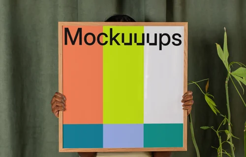 Poster mockup with person holding wooden frame in colorful setting