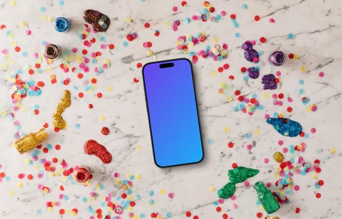 Smartphone mockup in a rainbow glitter scene
