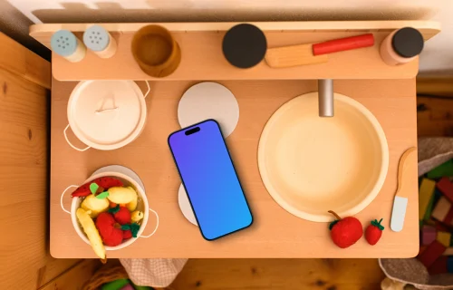 Smartphone mockup on a colorful play kitchen