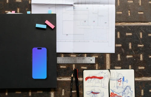 Smartphone mockup with architectural plans