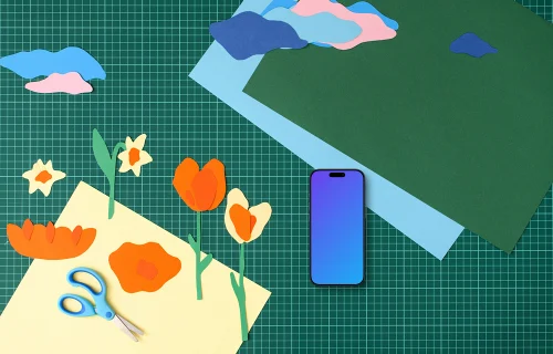 Smartphone mockup with colorful craft flowers