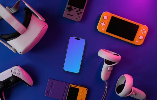 Smartphone mockup with gaming gadgets on purple backdrop