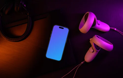 Smartphone mockup with gaming headset and controller