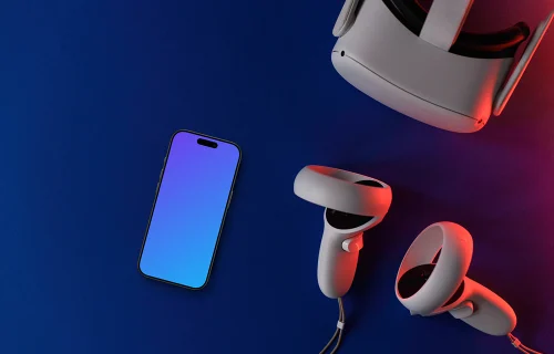 Smartphone mockup with VR headset and controllers on dual-tone background