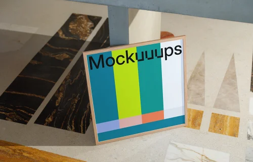 Square mockup of a wooden frame device on a geometric surface