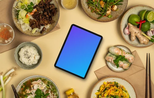 Tablet mockup in vietnamese cuisine theme