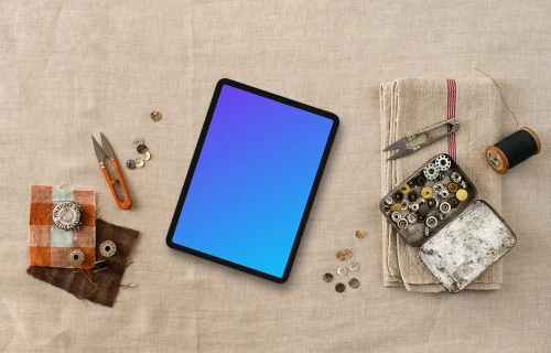 Tablet mockup next to the box with buttons