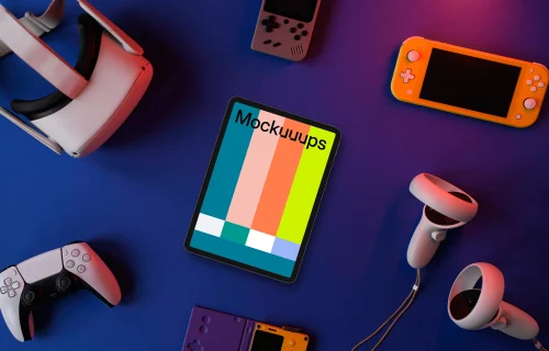 Tablet mockup surrounded by gaming gadgets on a violet surface