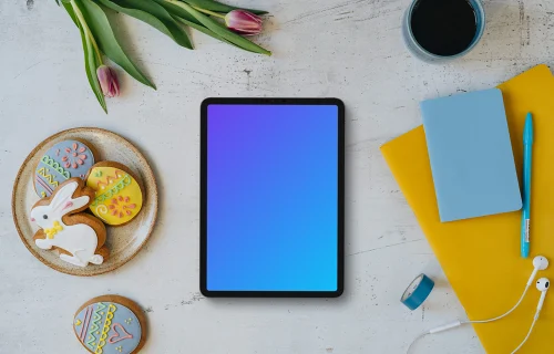 Tablet mockup with an Easter bunny and purple tulips