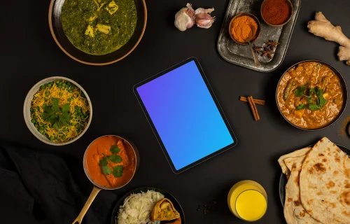 Tablet mockup with delicious Indian food