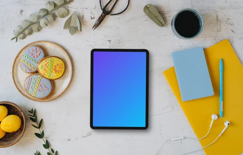 Tablet mockup with Easter gingerbreads and decorations