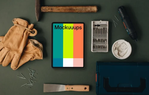 Tablet mockup with essential workshop supplies