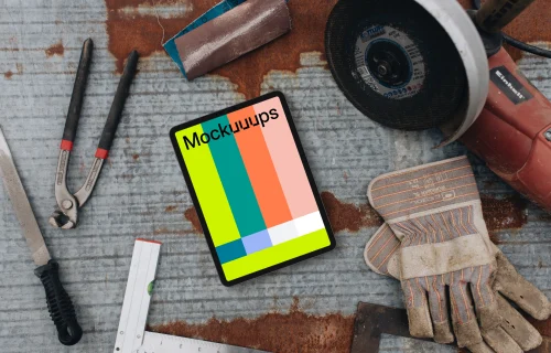 Tablet mockup with mechanic tools