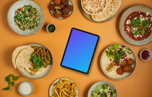 Tablet mockup with Middle Eastern food