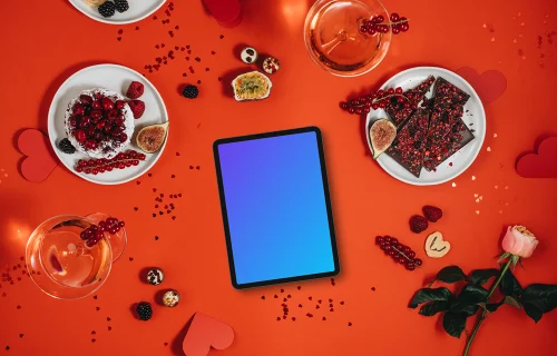 Tablet mockup with Valentine's backdrop