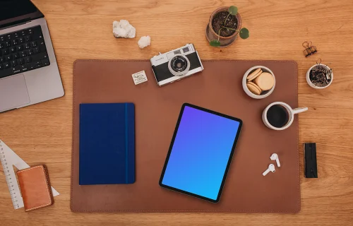 Top view of tablet mockup at home office setup