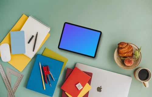 Top view of tablet mockup with school elements around
