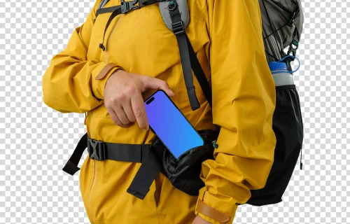 Tourist in yellow jacket with an iPhone mockup in hand