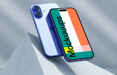 Ultramarine iPhone 16 mockup on geometric shapes