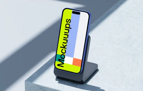 Ultramarine iPhone 16 mockup on modern stand