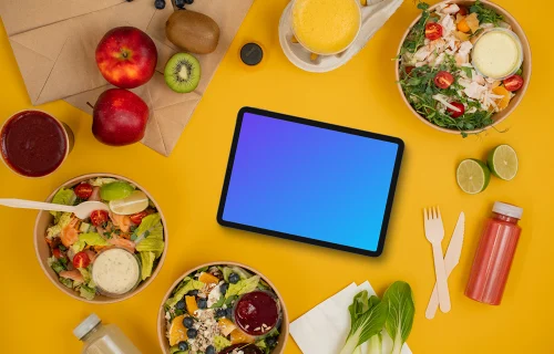 Variety of salads placed around tablet mockup