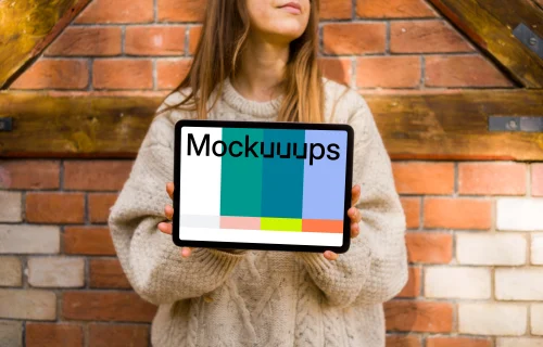 Woman holding an iPad in front of brickwall mockup