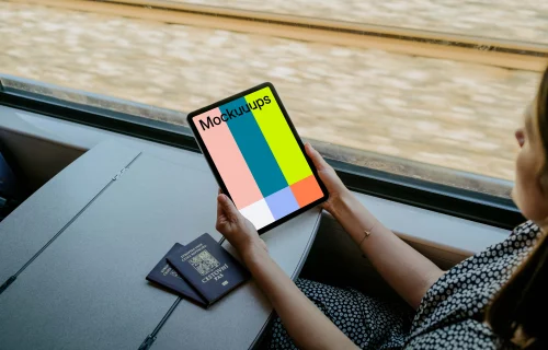 Woman planning a trip on iPad mockup
