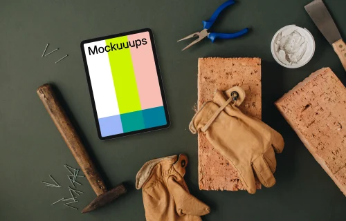 Workshop supplies and a tablet mockup