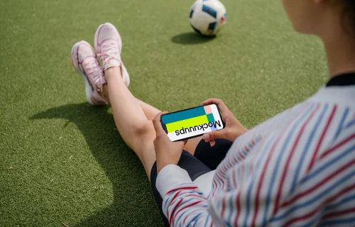 Young woman holding an iPhone mockup