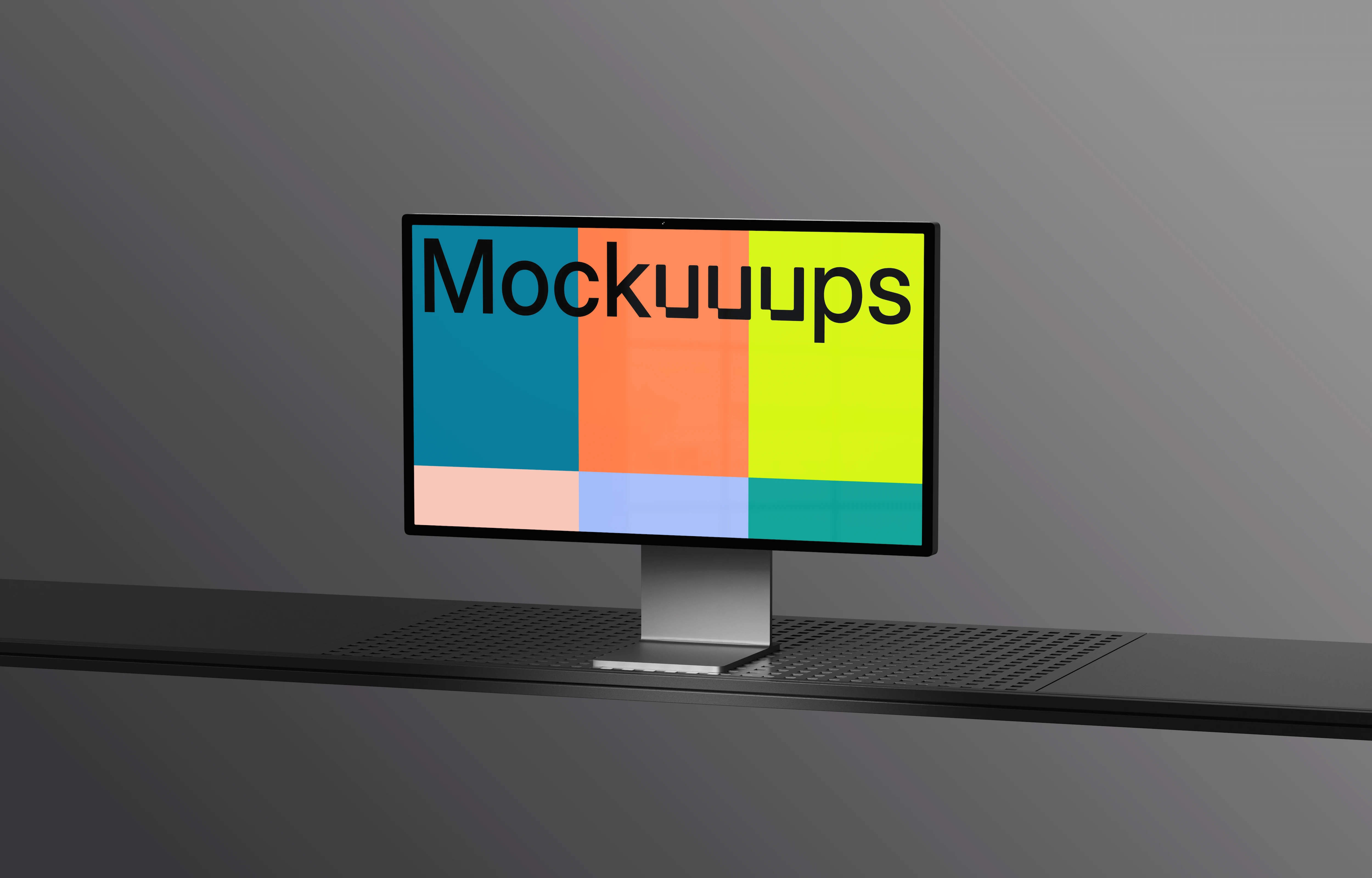 Apple Studio Display mockup on a sleek black desk