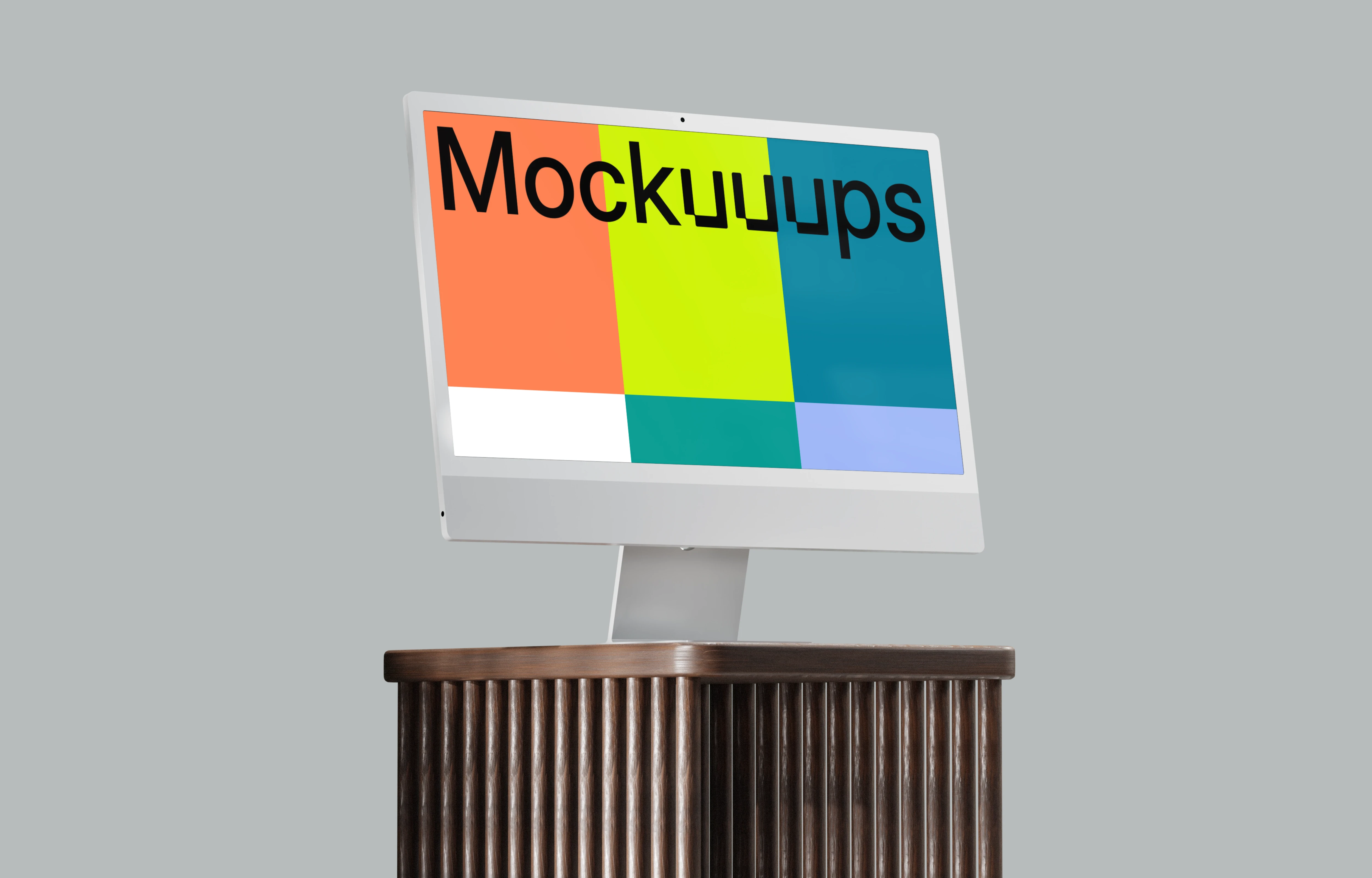 iMac mockup on a textured wooden stand