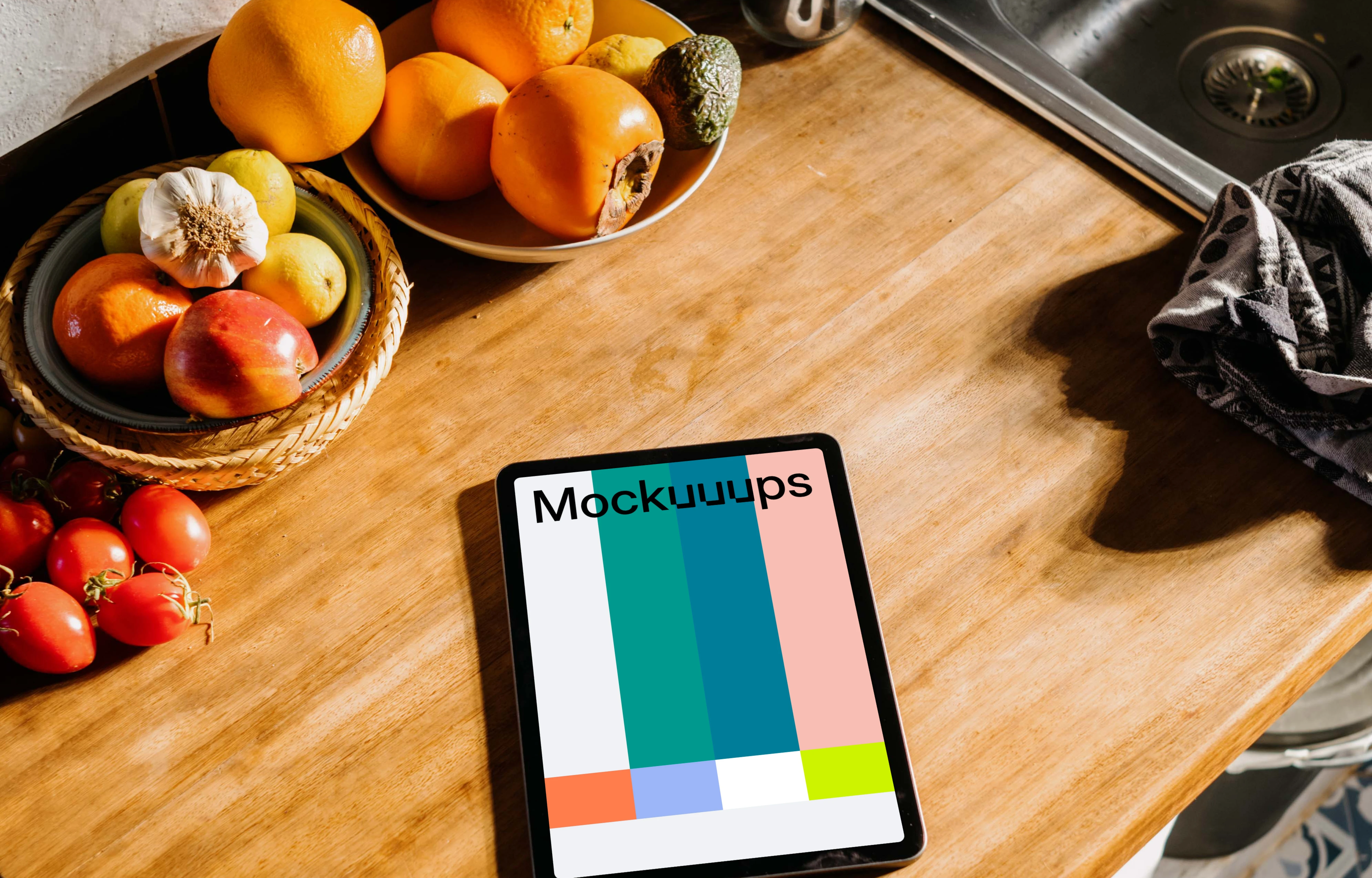 iPad Air mockup beside bowls of fruits