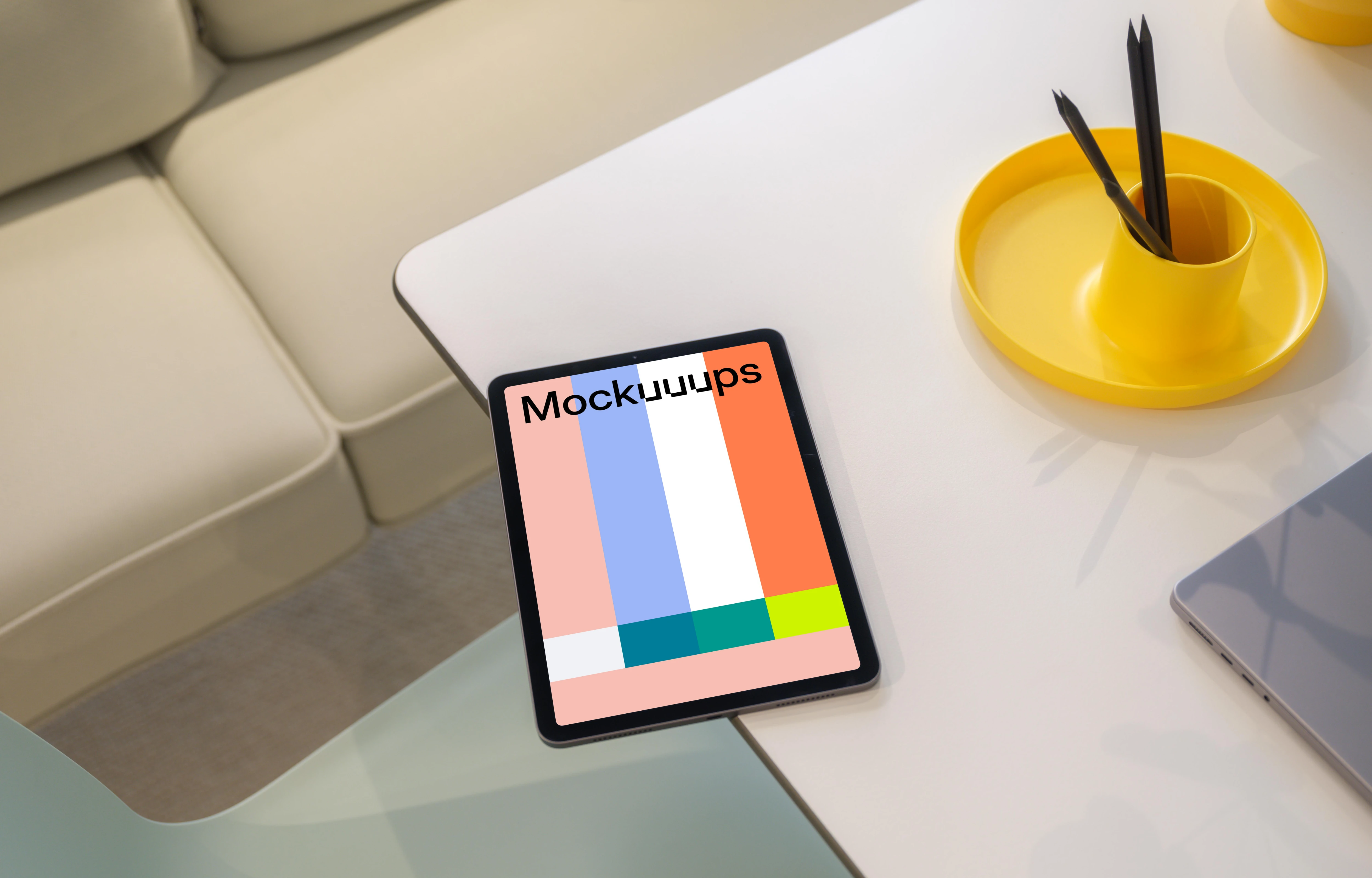 iPad Air mockup on modern glass table with creative accessories