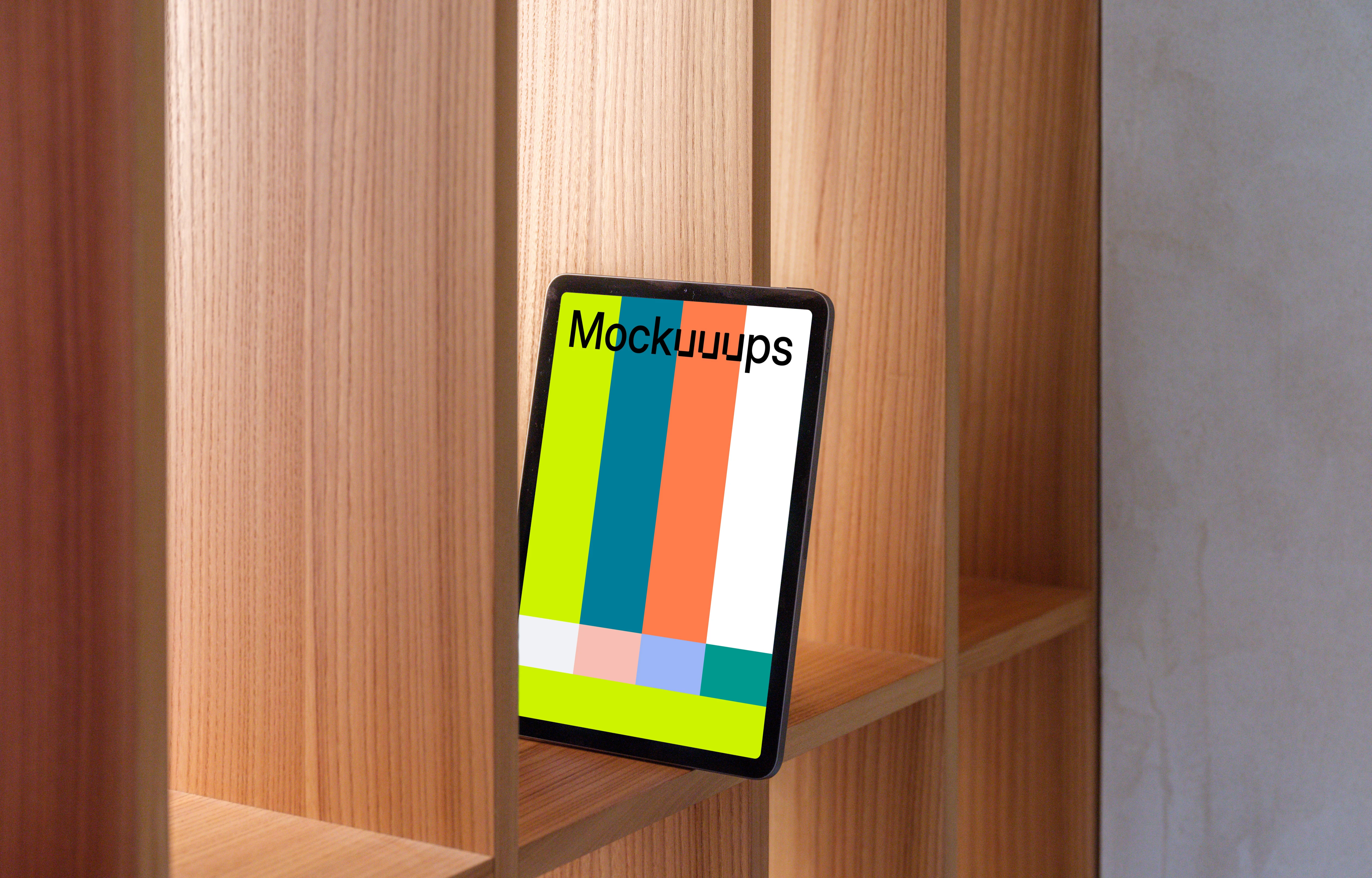 iPad Air mockup on wooden bookshelf