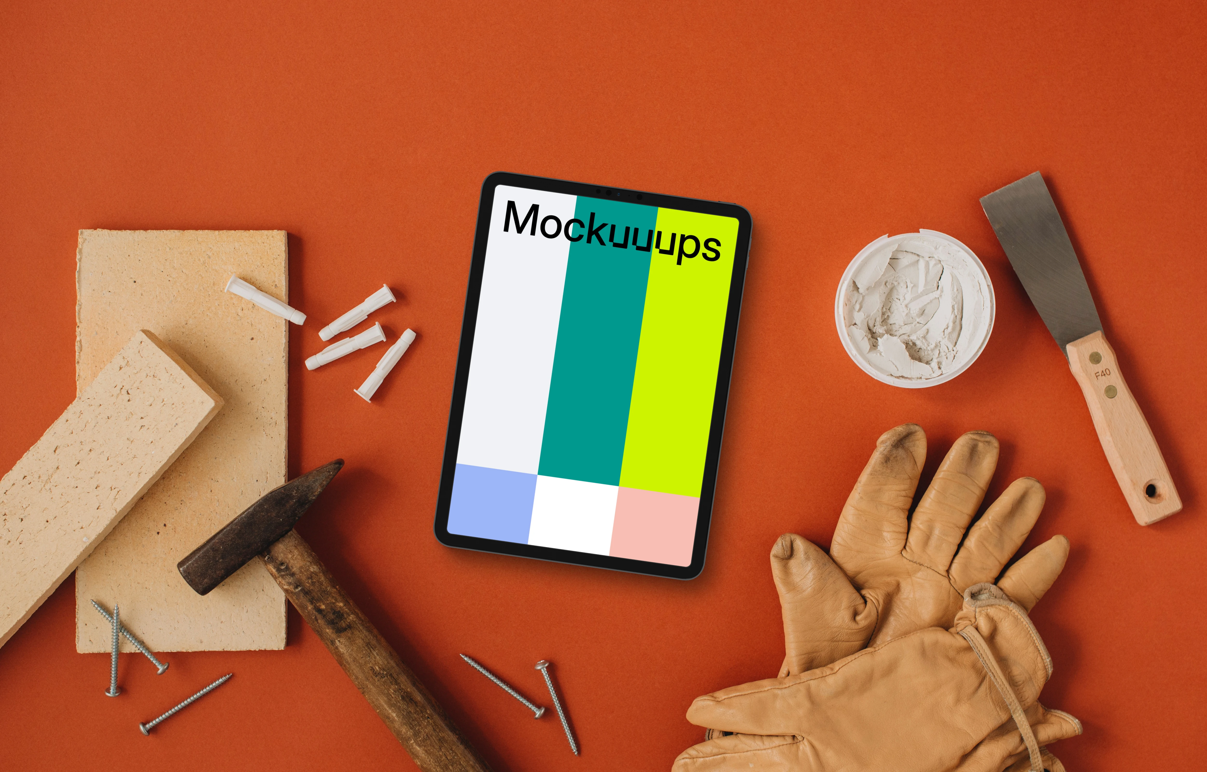 iPad mockup with a whole range of equipment for the workshop