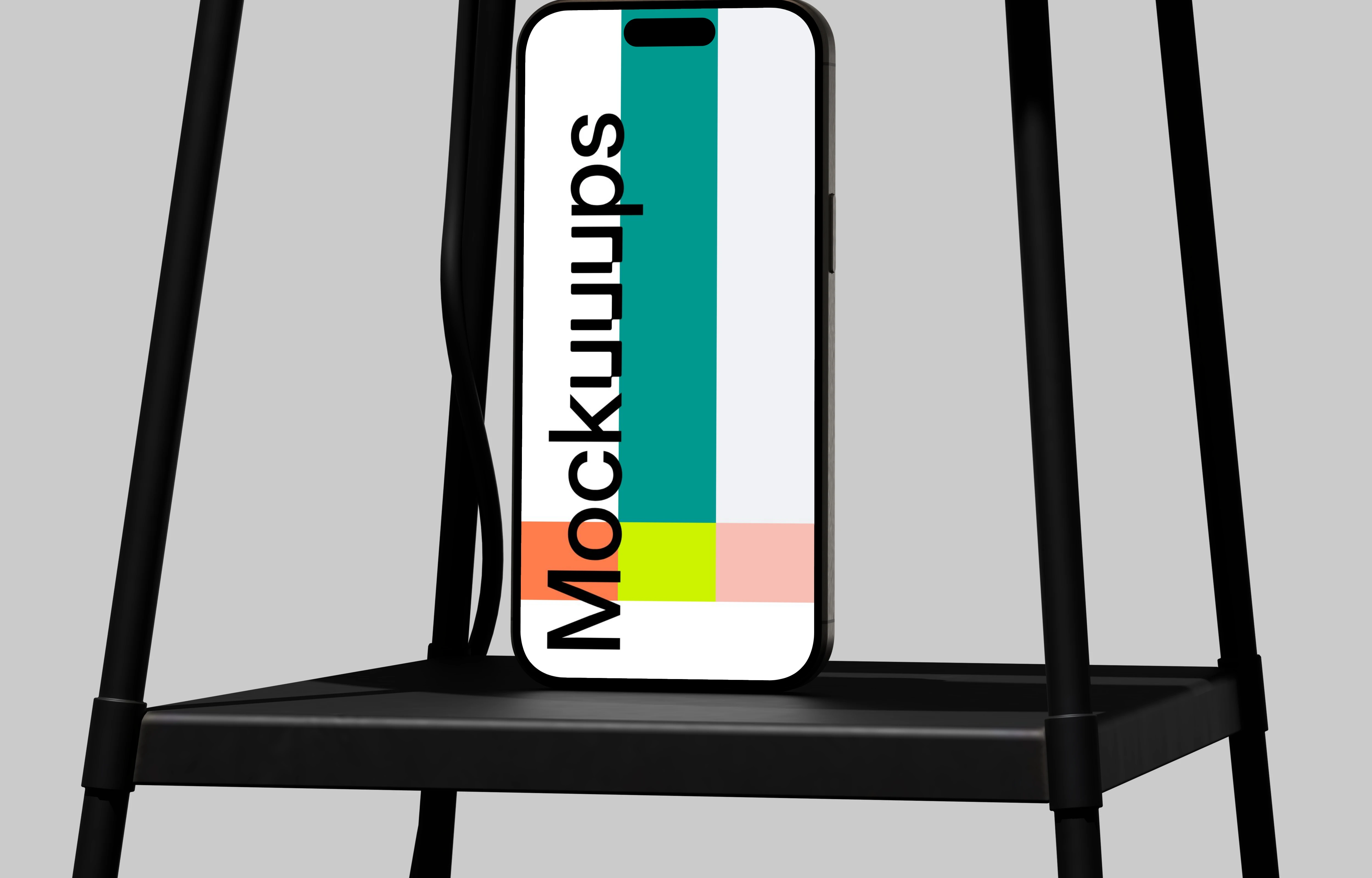 iPhone 16 mockup on a metal stand