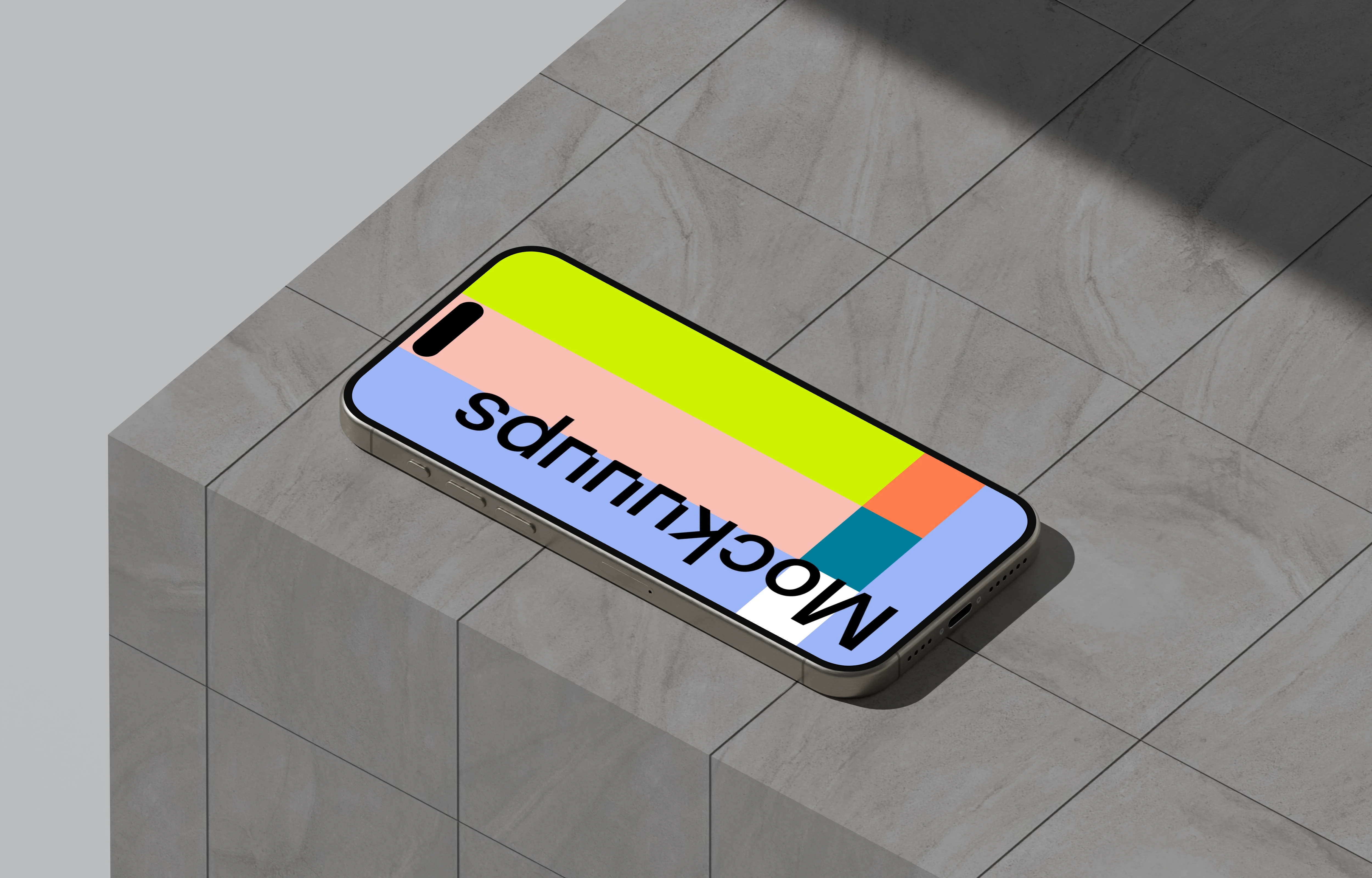 iPhone 16 mockup on a tiled surface with shadow