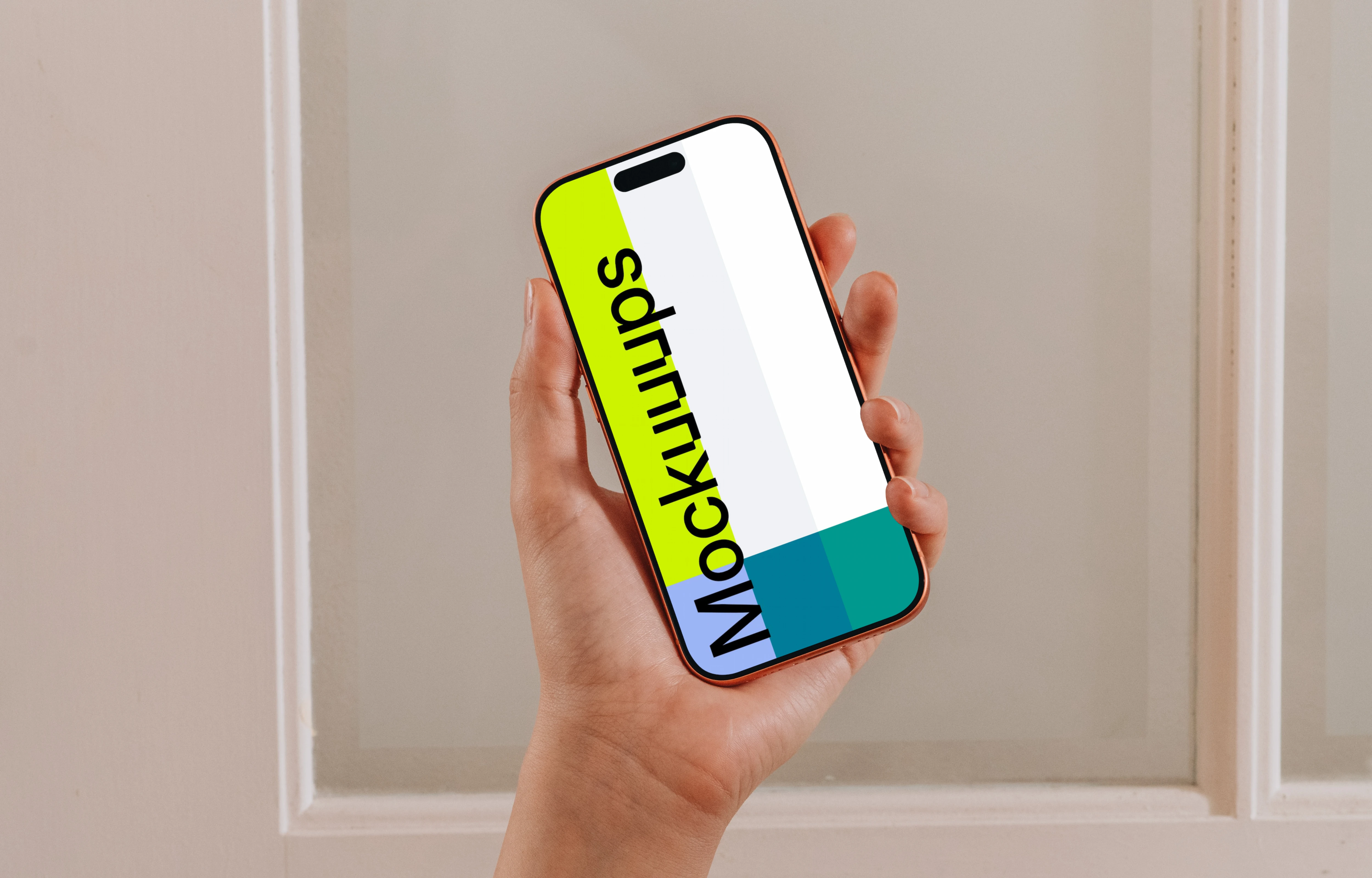 iPhone 17 Pro mockup in hand near wooden table