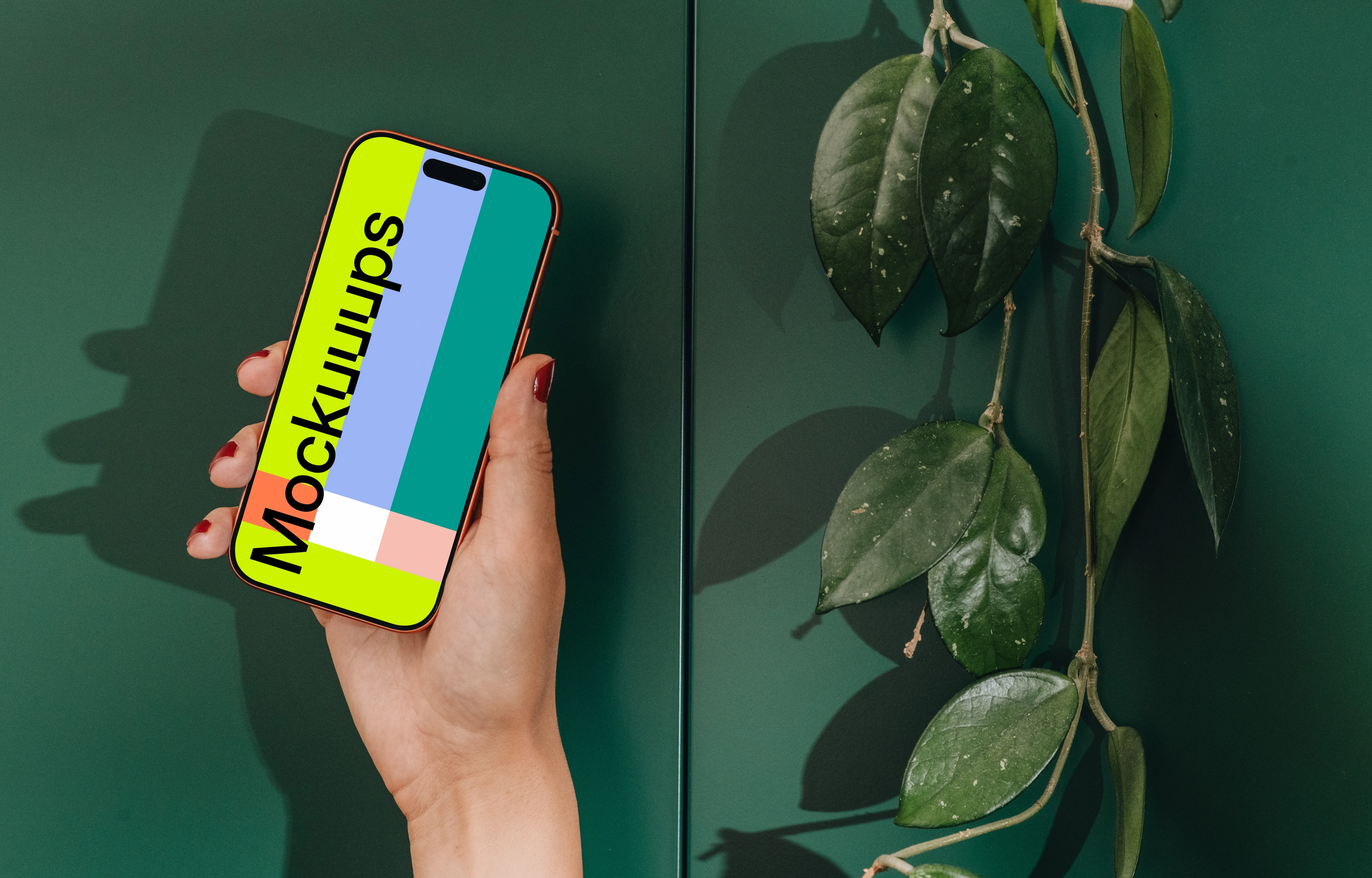 iPhone 17 Pro mockup with green leaves background