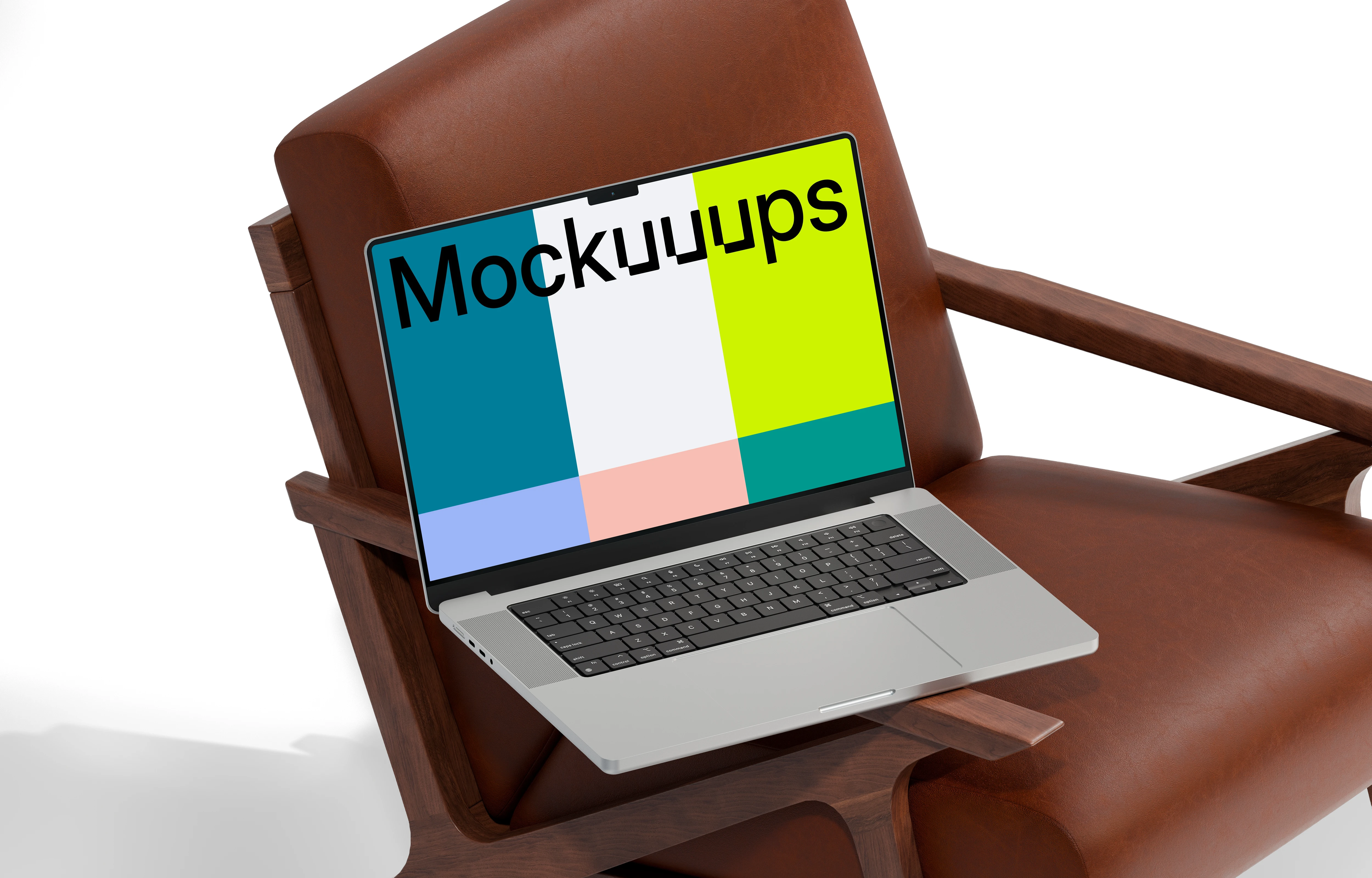 MacBook Pro 14-inch mockup on a leather chair