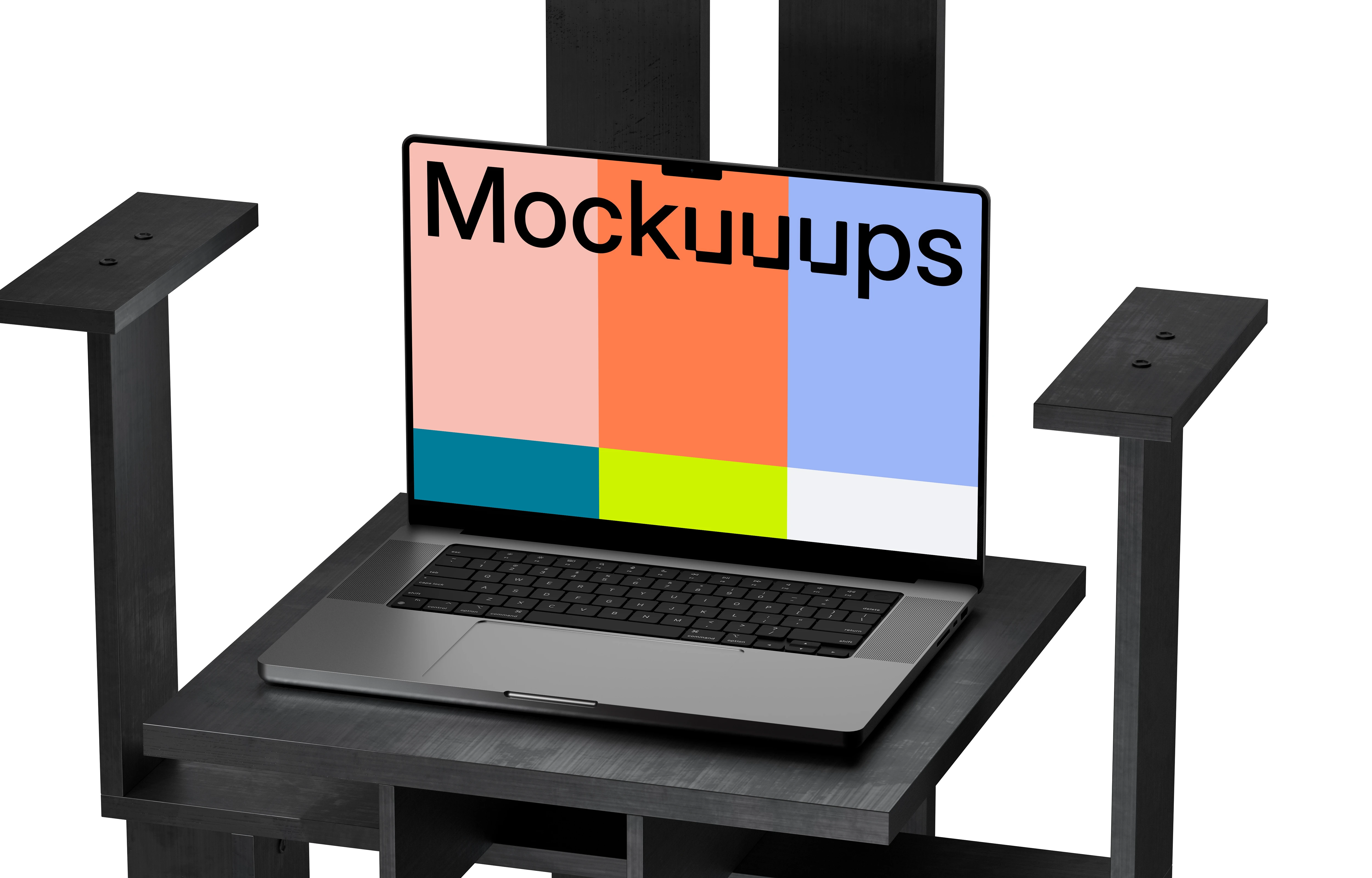 MacBook Pro 14" mockup on a modern black chair