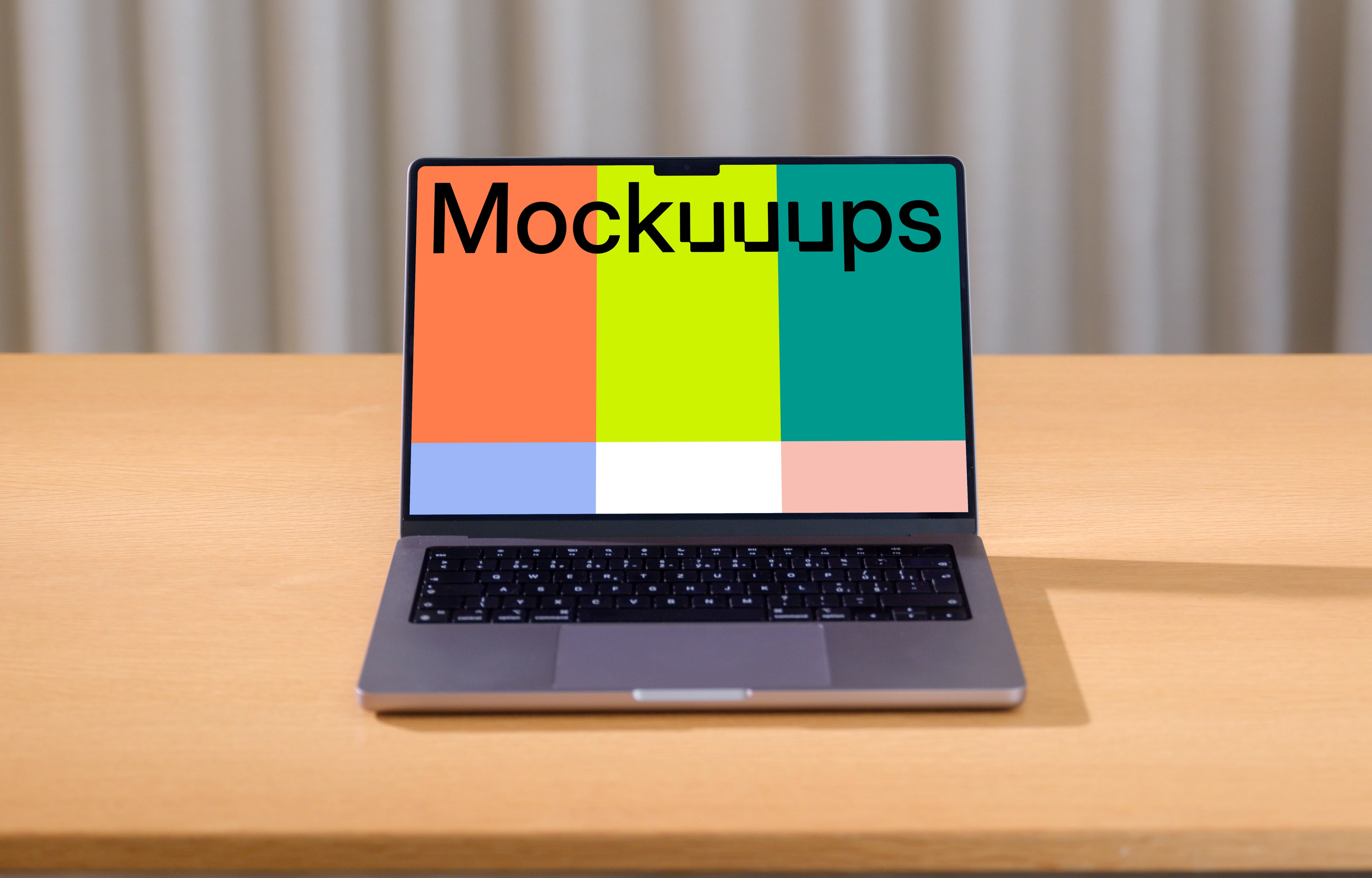 MacBook Pro 14 Mockup on Wooden Desk against Curtained Background