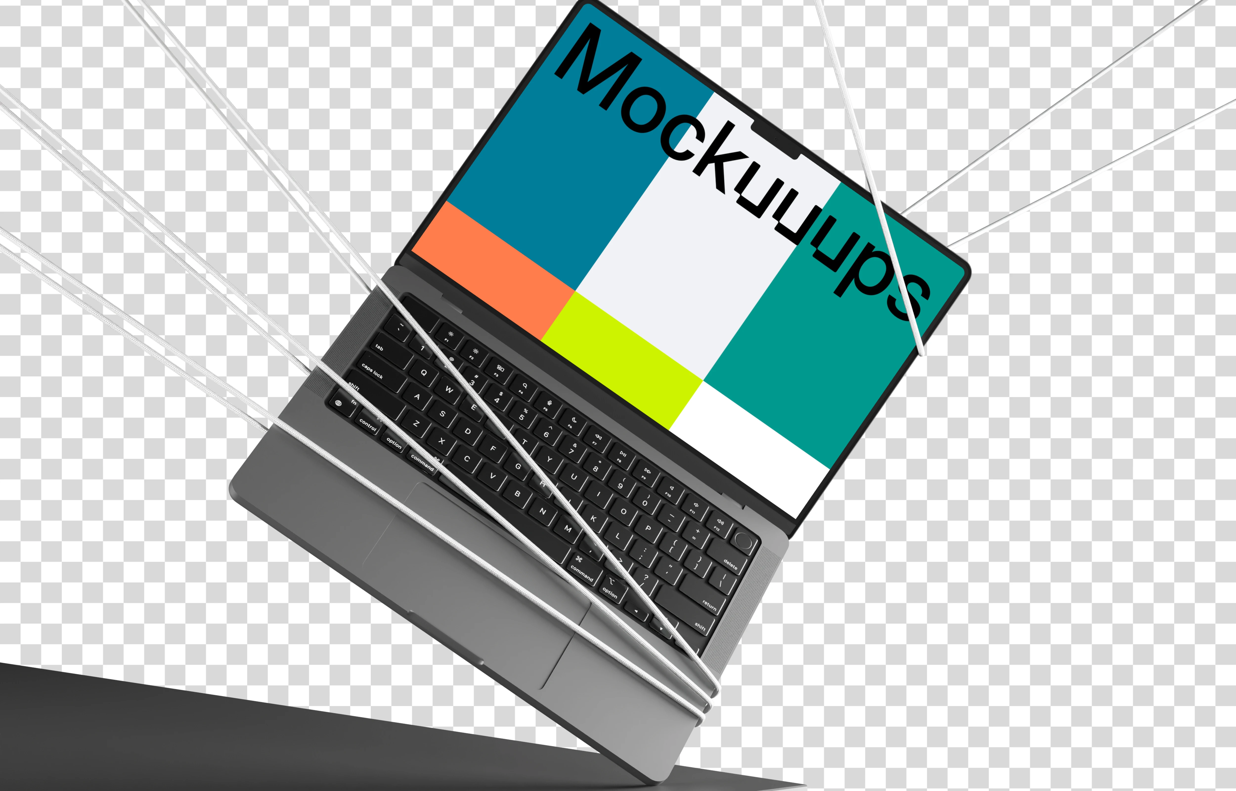 MacBook Pro mockup held by ropes on transparent background