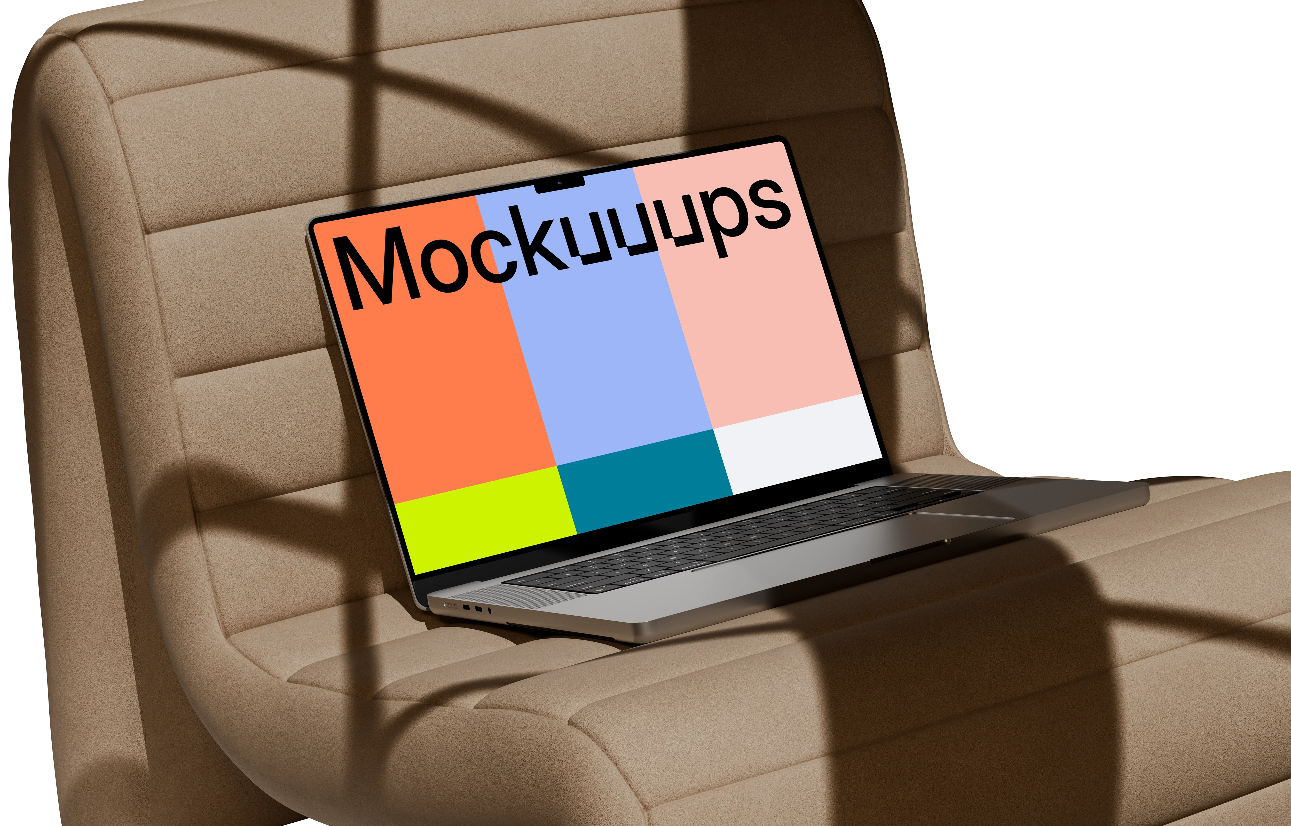 MacBook Pro mockup on a modern cushioned chair