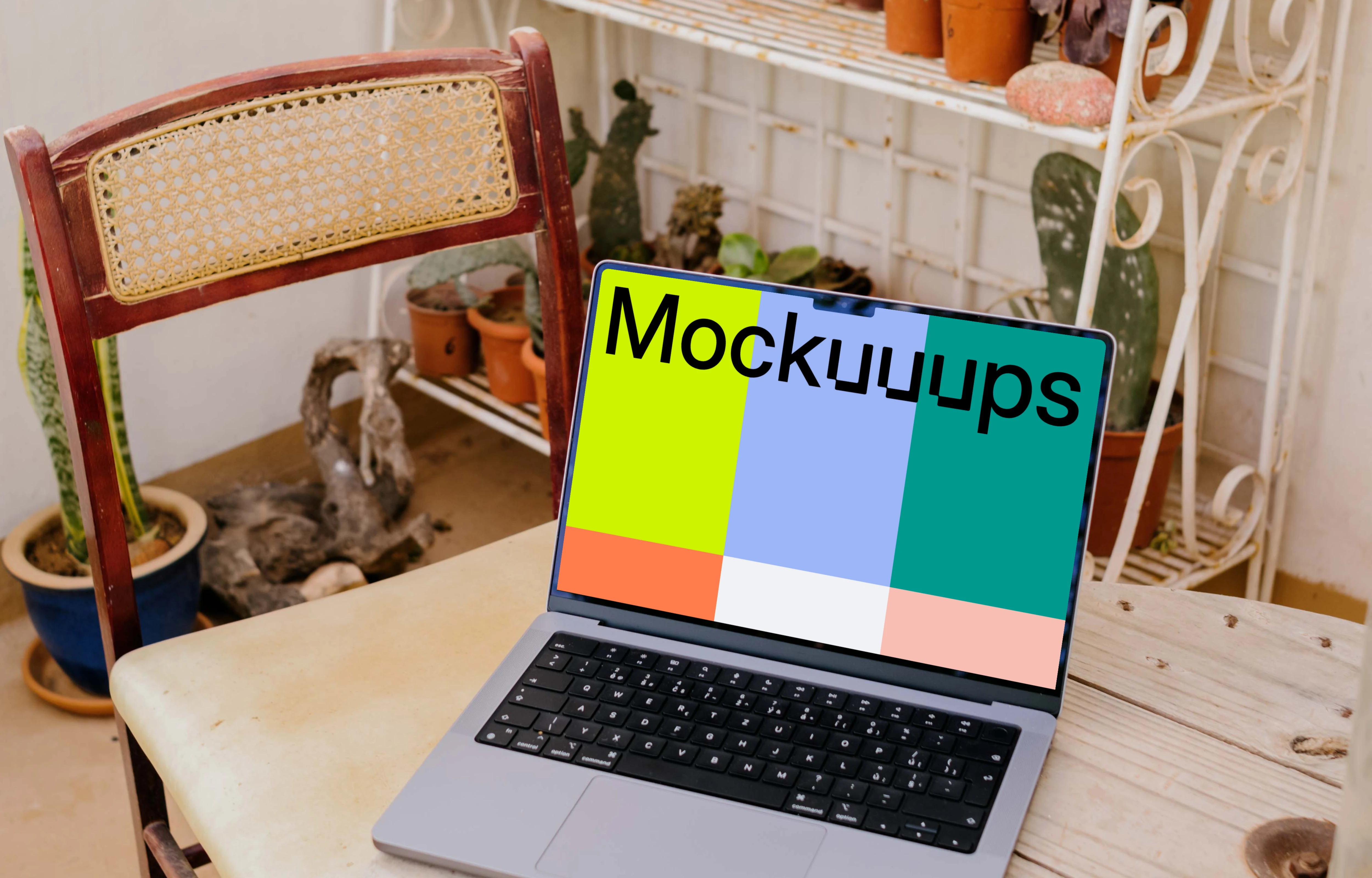 MacBook Pro mockup on a table next to a chair