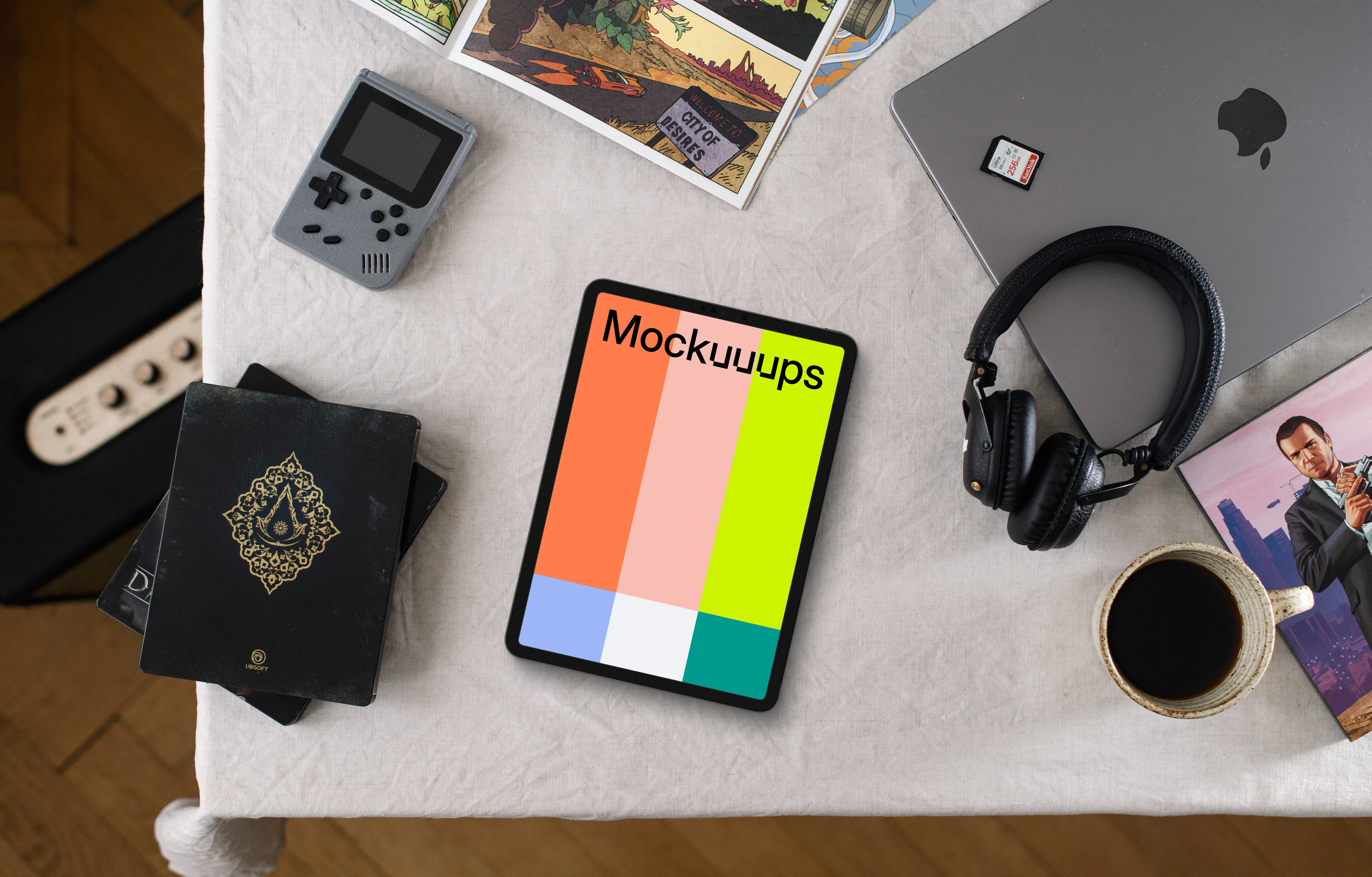 Tablet mockup on a creative's textured table
