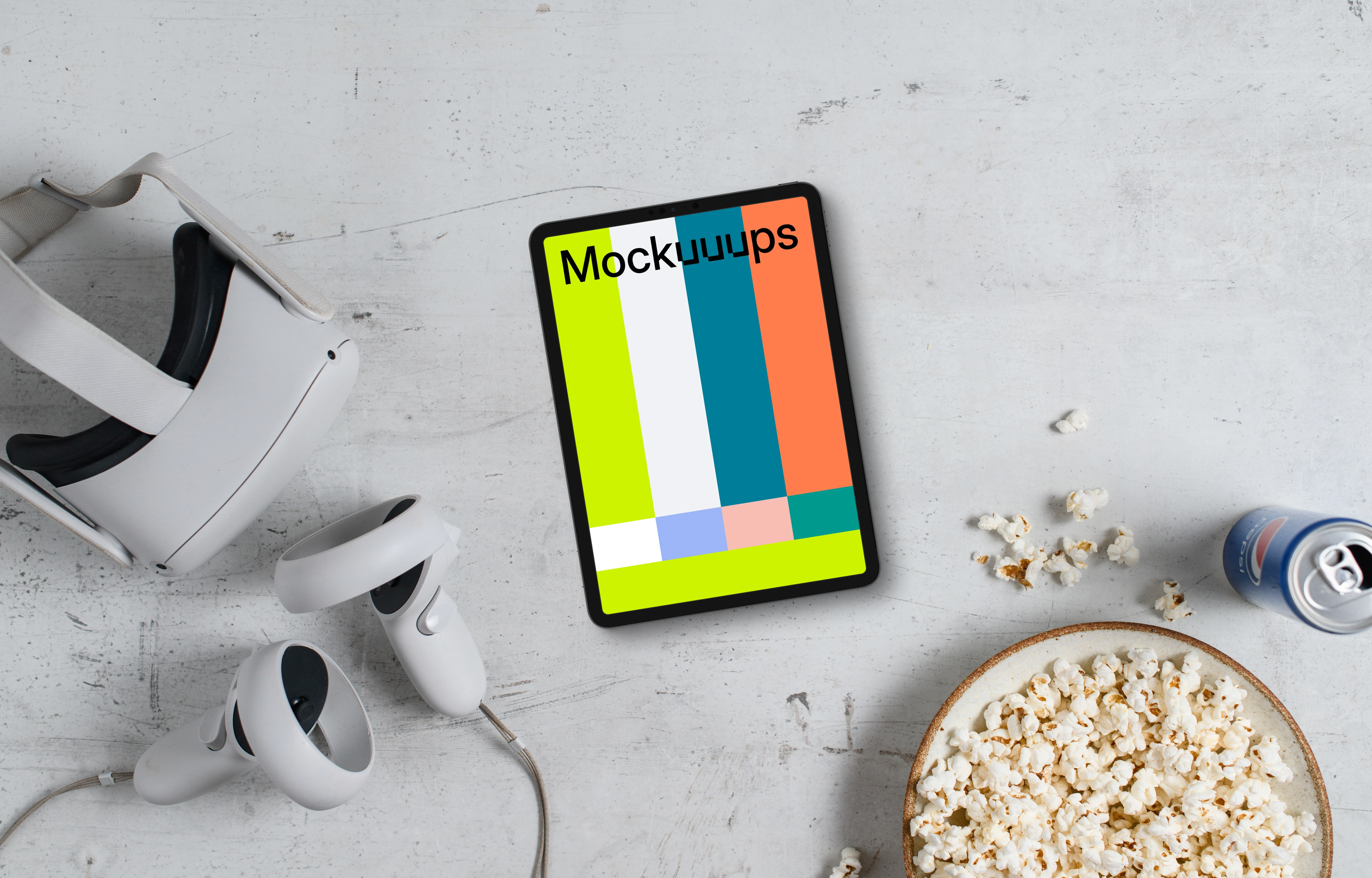 Tablet mockup with VR gear and gaming accessories