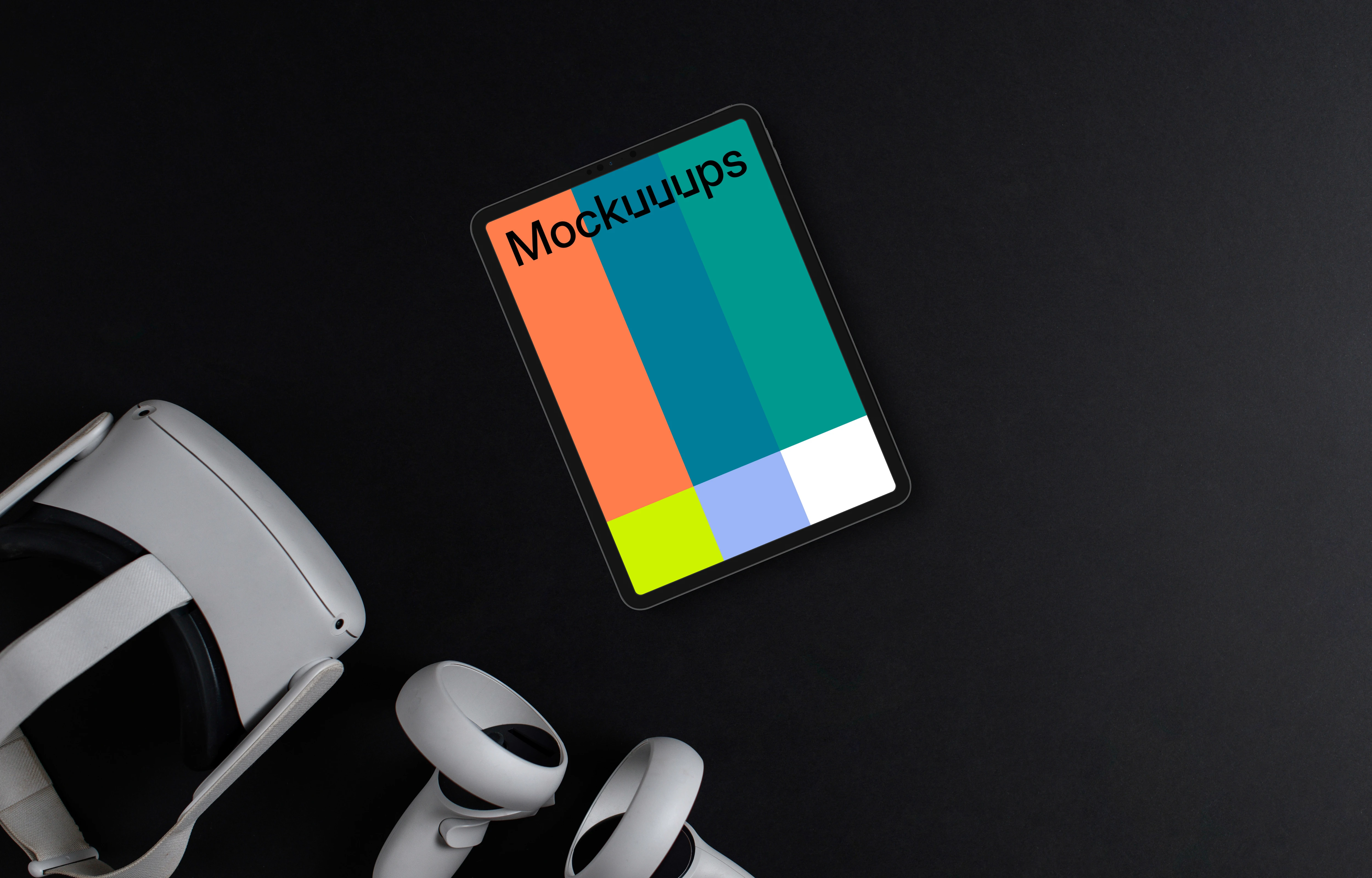 Tablet mockup with VR headset on dark background