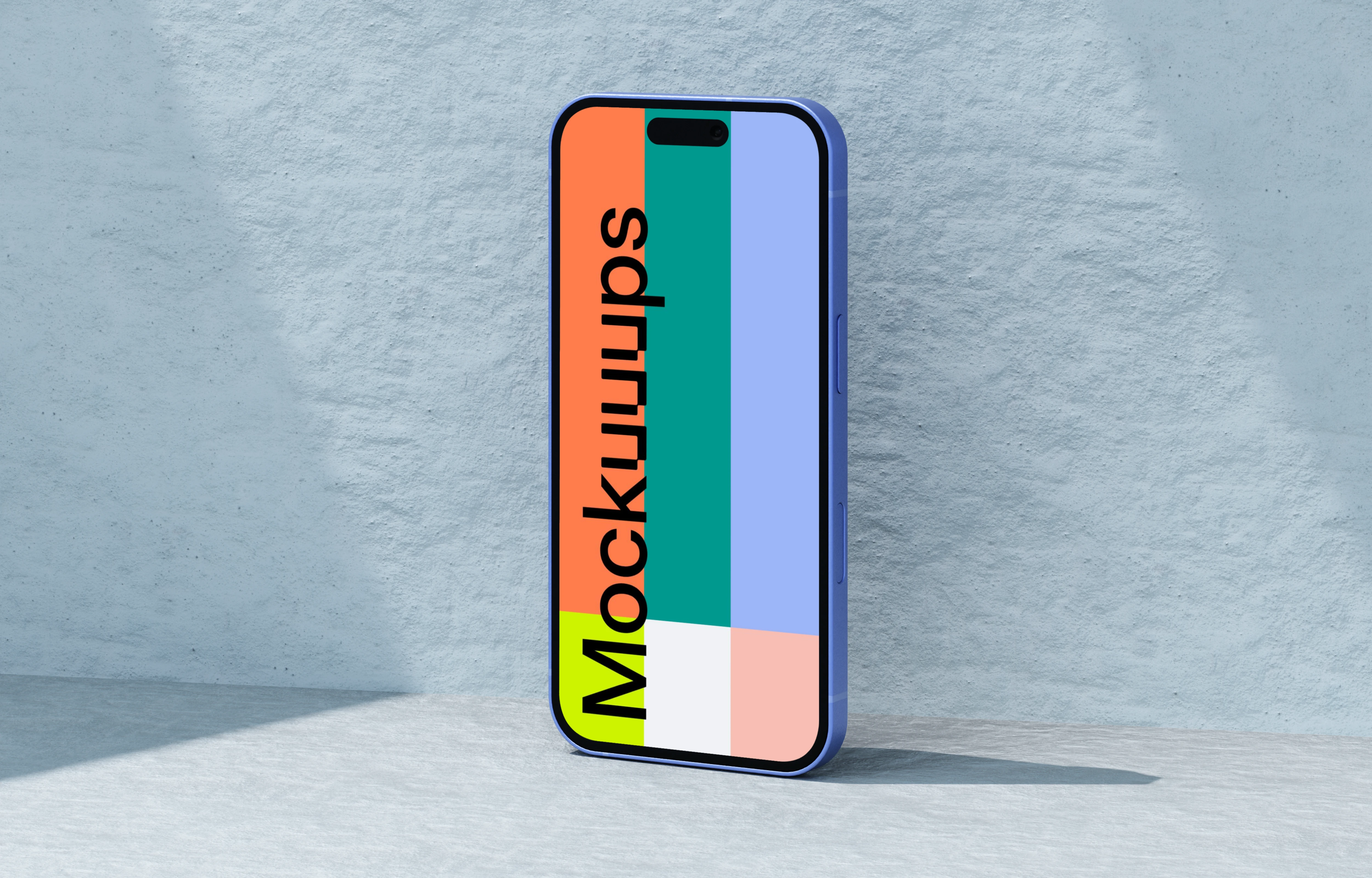 Ultramarine iPhone 16 mockup standing against a textured wall