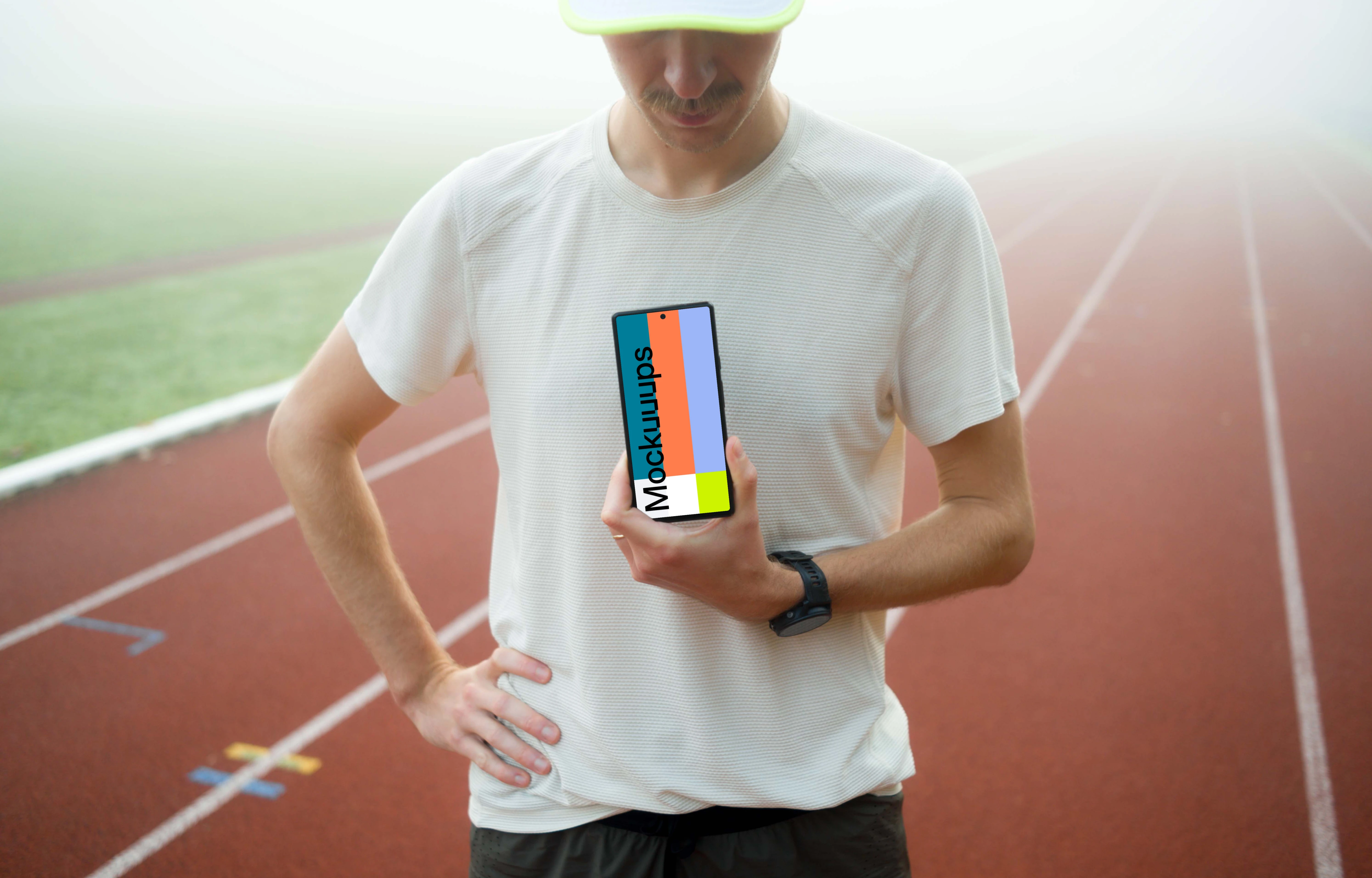 Athlete holding a smartphone mockup